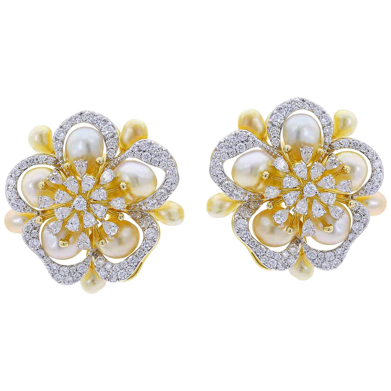 Fine Floral Pearl and Diamond Earrings, 18 Karat Yellow Gold by D'Deco
