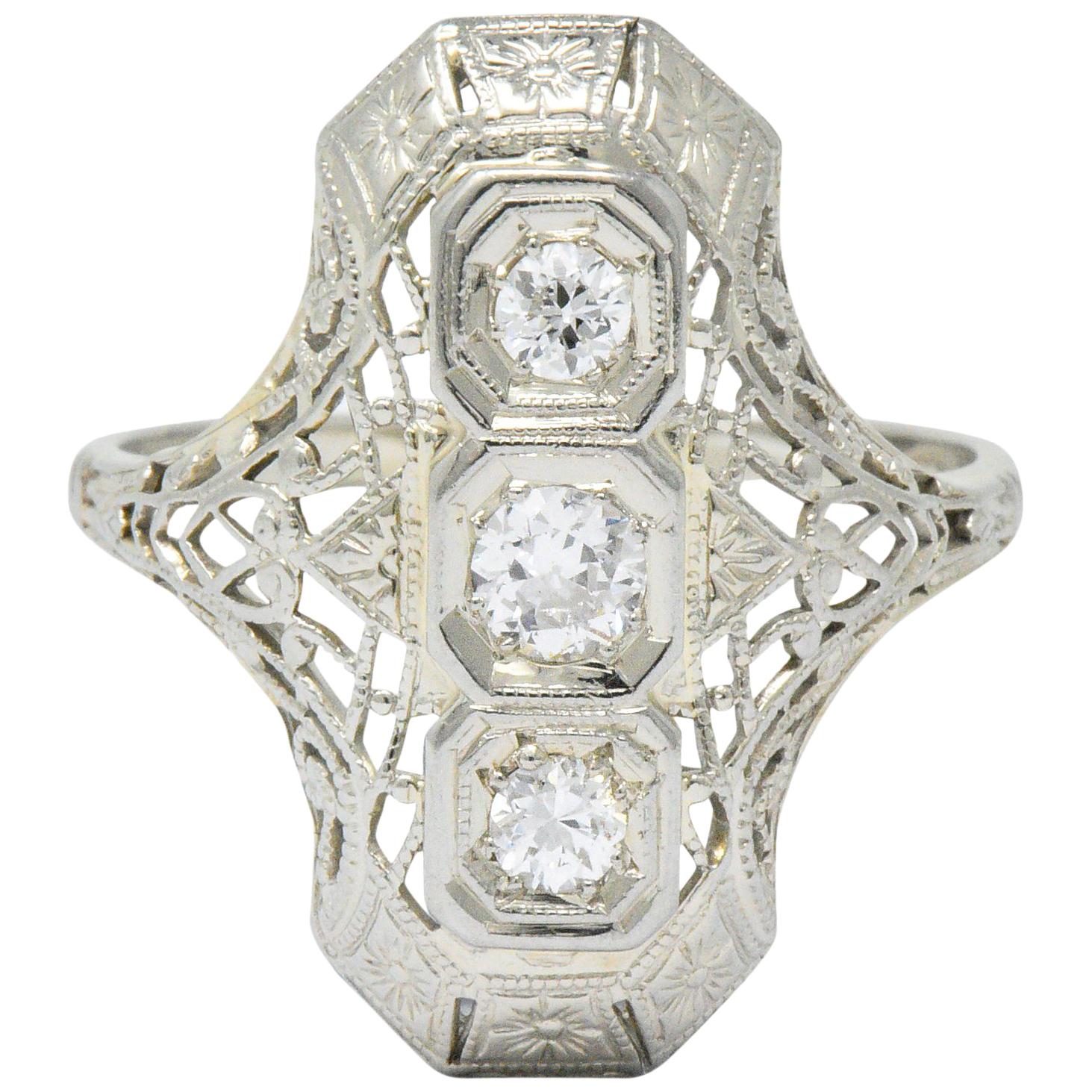 Art Deco 0.40 Carat Diamond 18 Karat White Gold Three Stone Dinner Ring