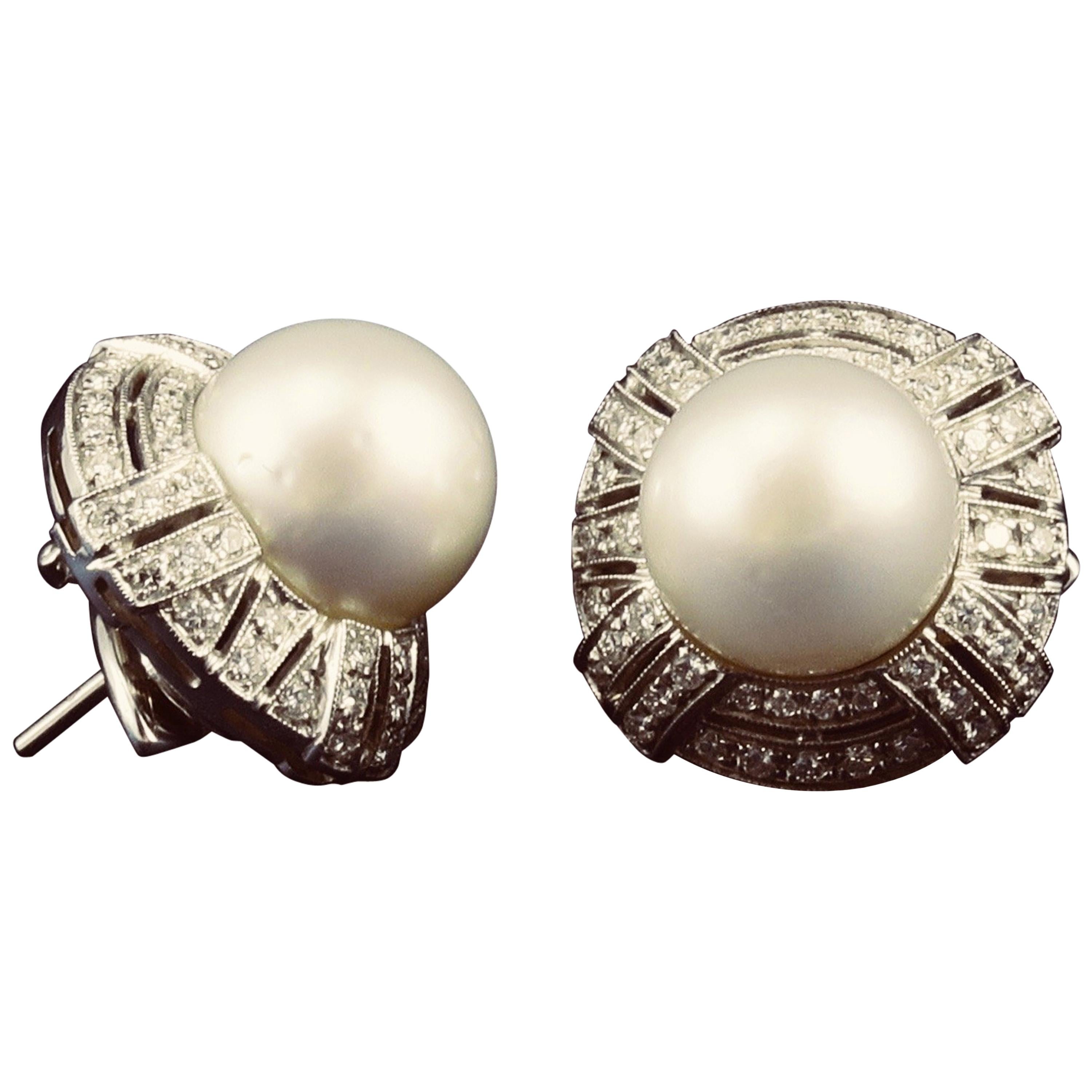 Dirce Repossi Australian White South Sea Pearl Diamond White Gold Stud Earrings For Sale