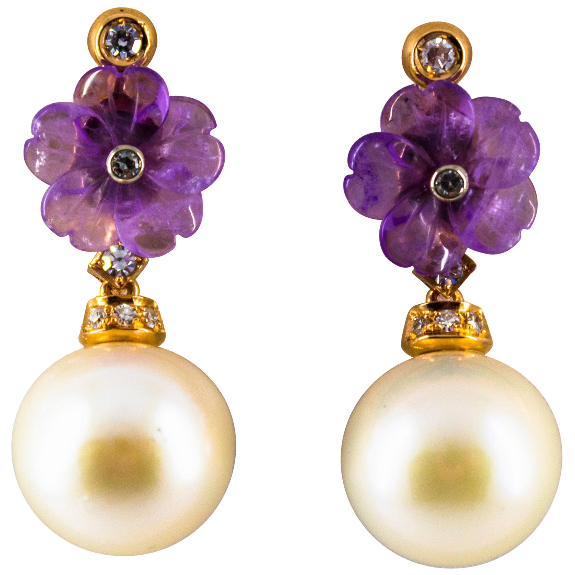 Art Nouveau 0.20 Carat White Diamond Amethyst Pearl Yellow Gold Drop Earrings