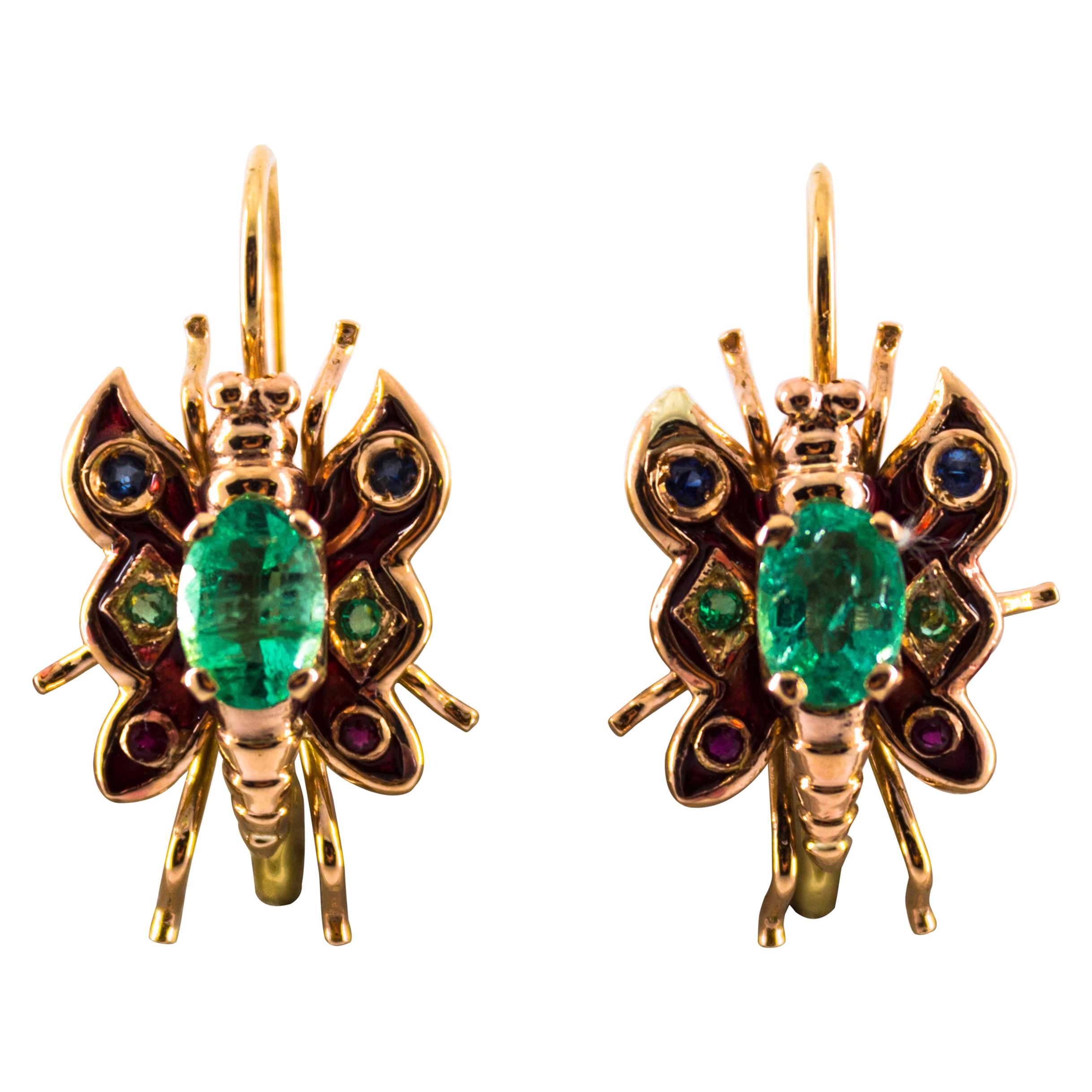 2.20 Carat Emerald Ruby Blue Sapphire Yellow Gold Lever Back Butterfly Earrings For Sale