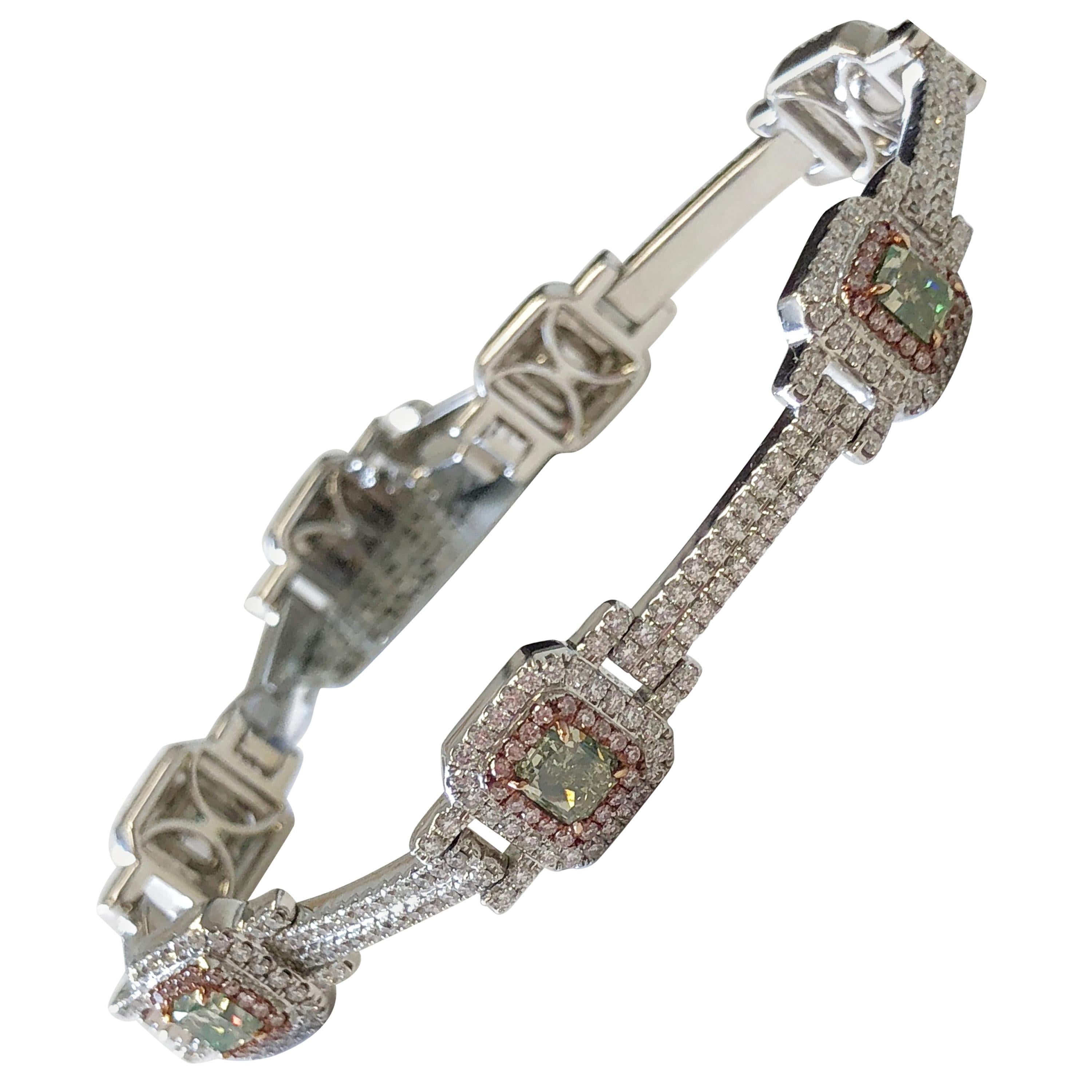 Natural Green, Pink, and White Diamond Round Bracelet in 18 Karat White Gold