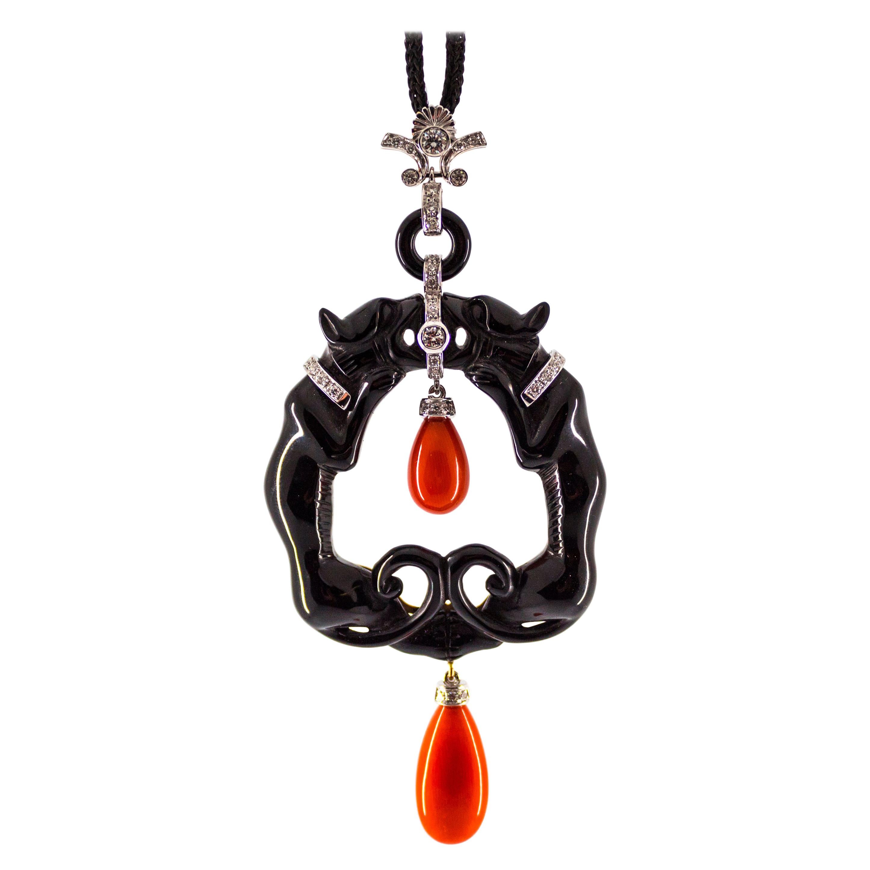 Mediterranean Coral 0.55 Carat White Diamond Onyx White Gold "Panthers" Necklace