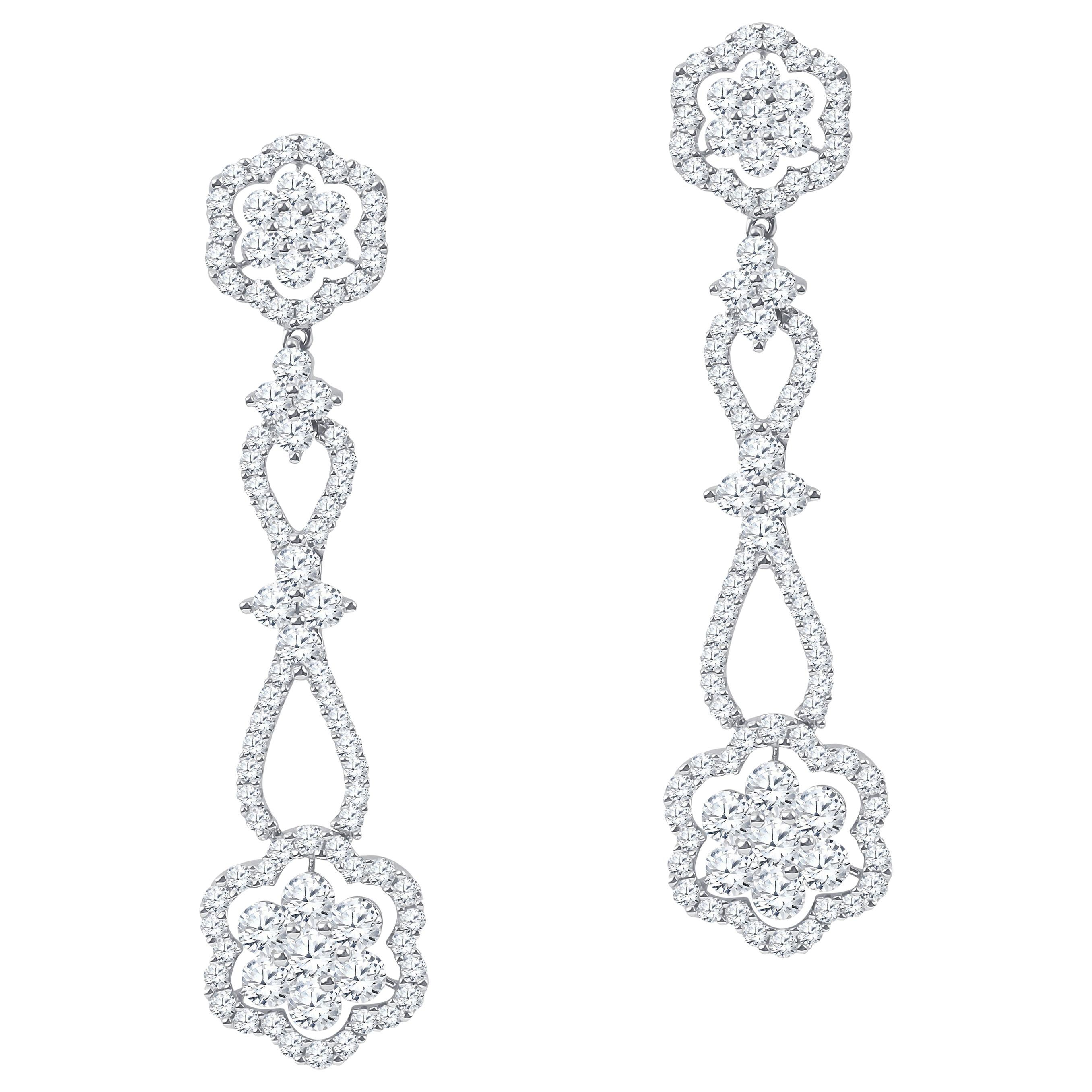 3.65 Carat Total Weight Diamond Flower Design Drop Earrings in 18 Karat Gold