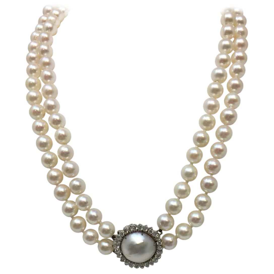 Japanese Cultured Double Strand Pearl with 14 Karat Diamond and Moby Pearl Clasp For Sale