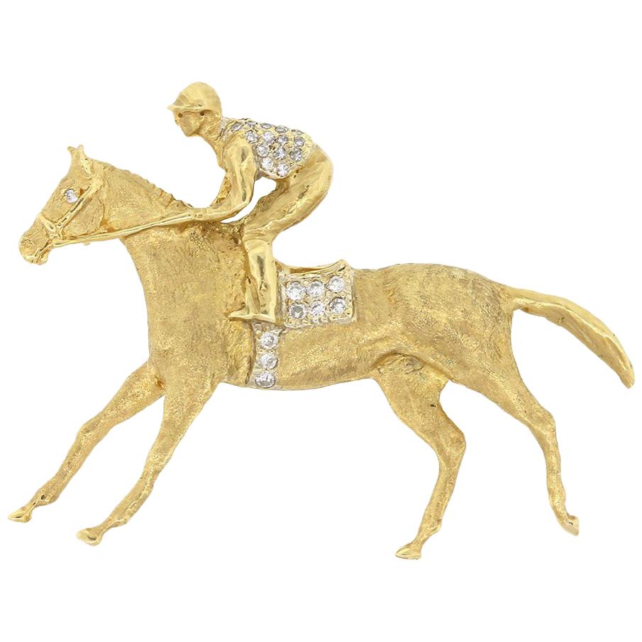 Diamond Horse and Jockey Brooch Pin