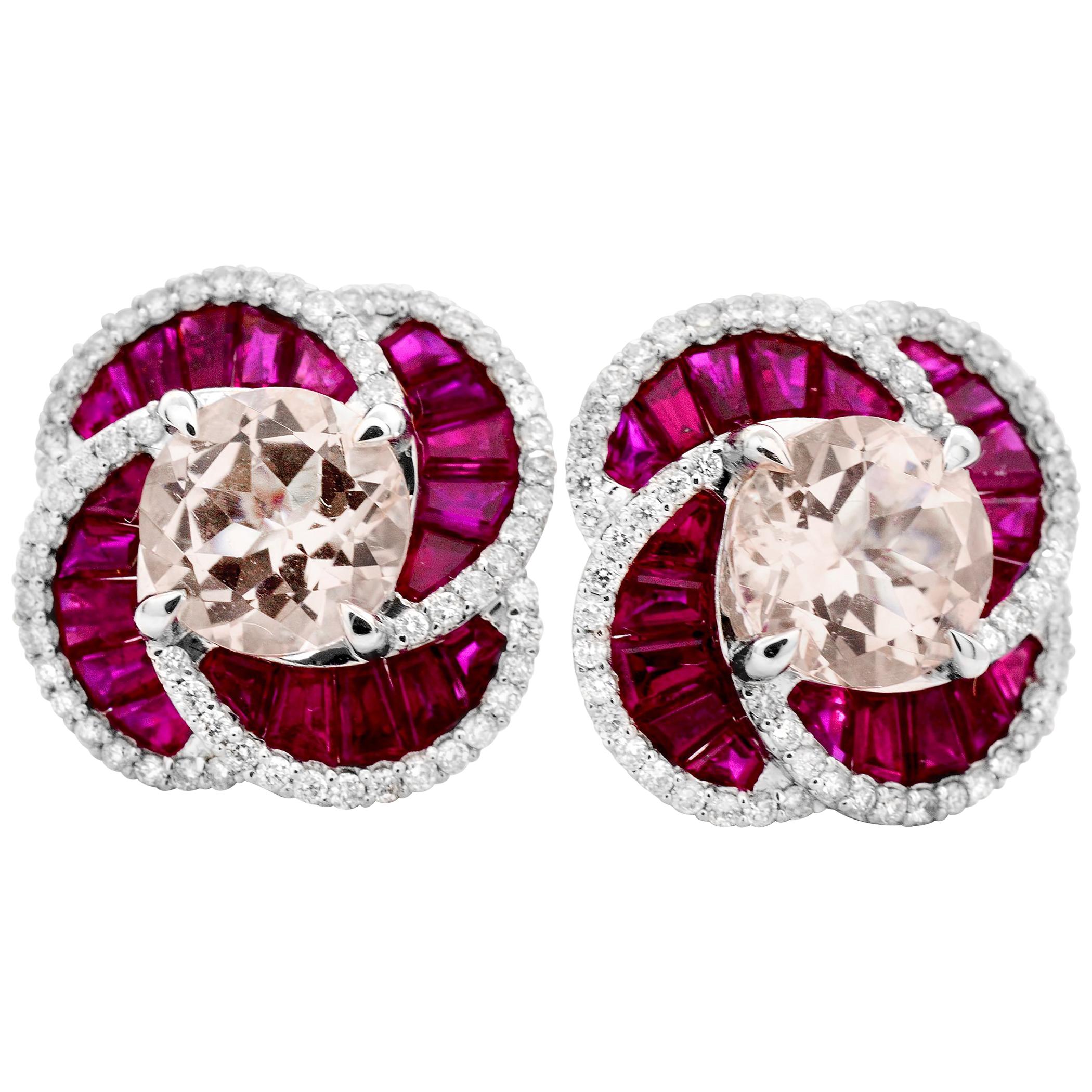 2.48 Carats Round Morganite w/ Ruby & Diamond 14K White Gold Flower Stud Earring For Sale