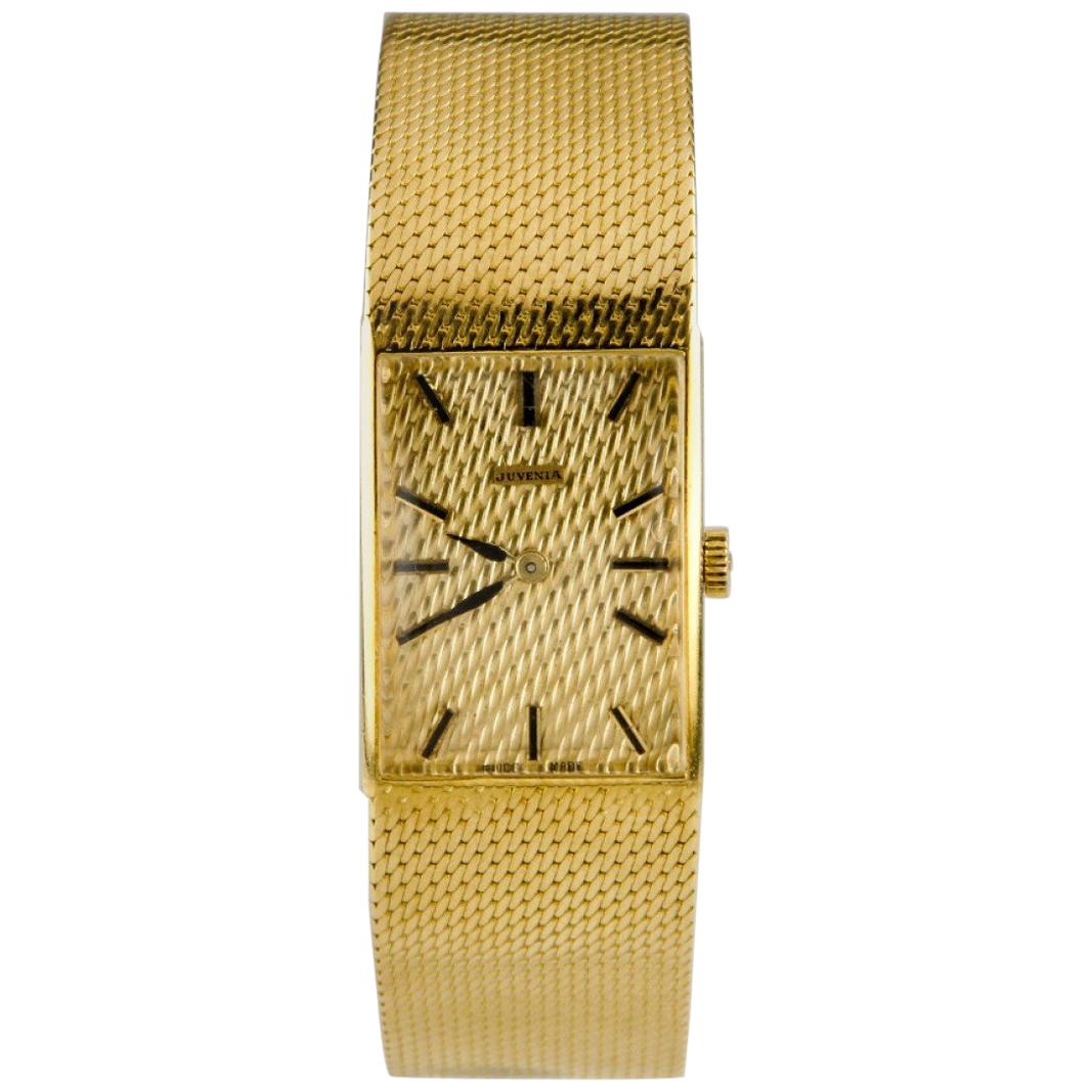 Juvenia Women's 18 Karat Gold Square Hand-Winding Watch with Gold Mesh Band For Sale
