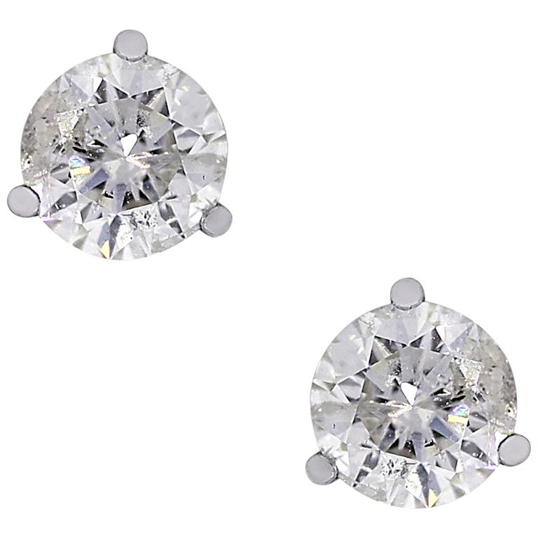 Round Brilliant Diamond Three Prong Stud Earrings at 1stDibs
