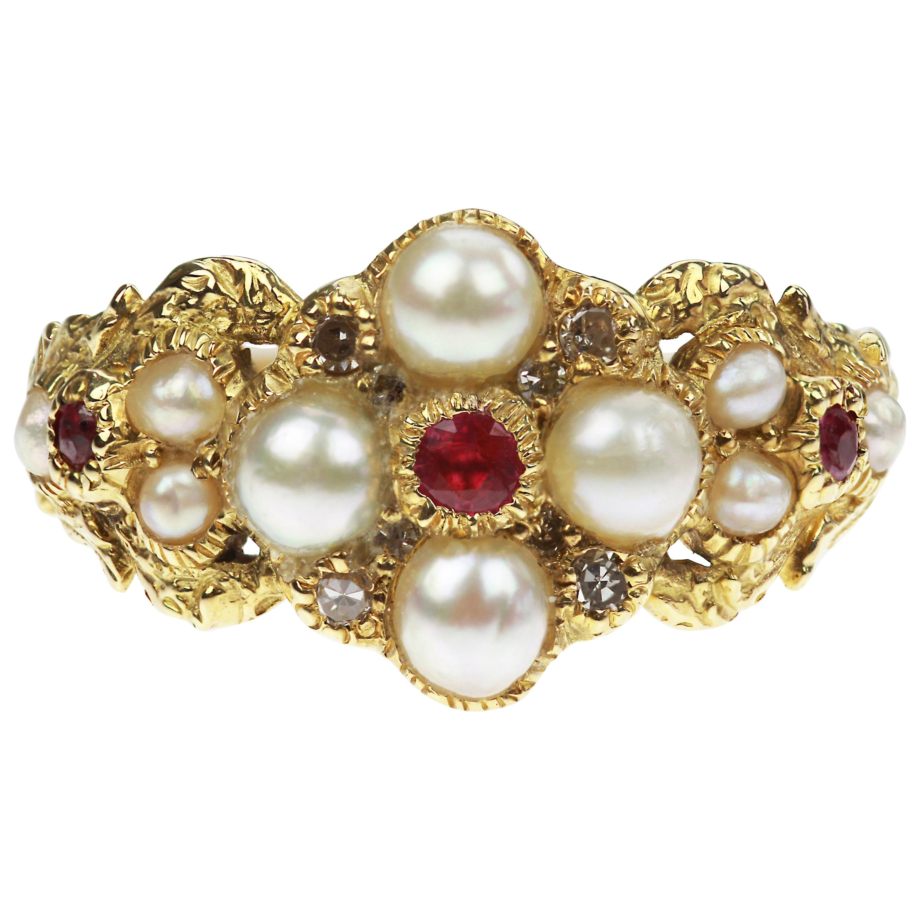 Victorian Natural Pearl, Diamond and Ruby Ring in 18 Carat Yellow Gold