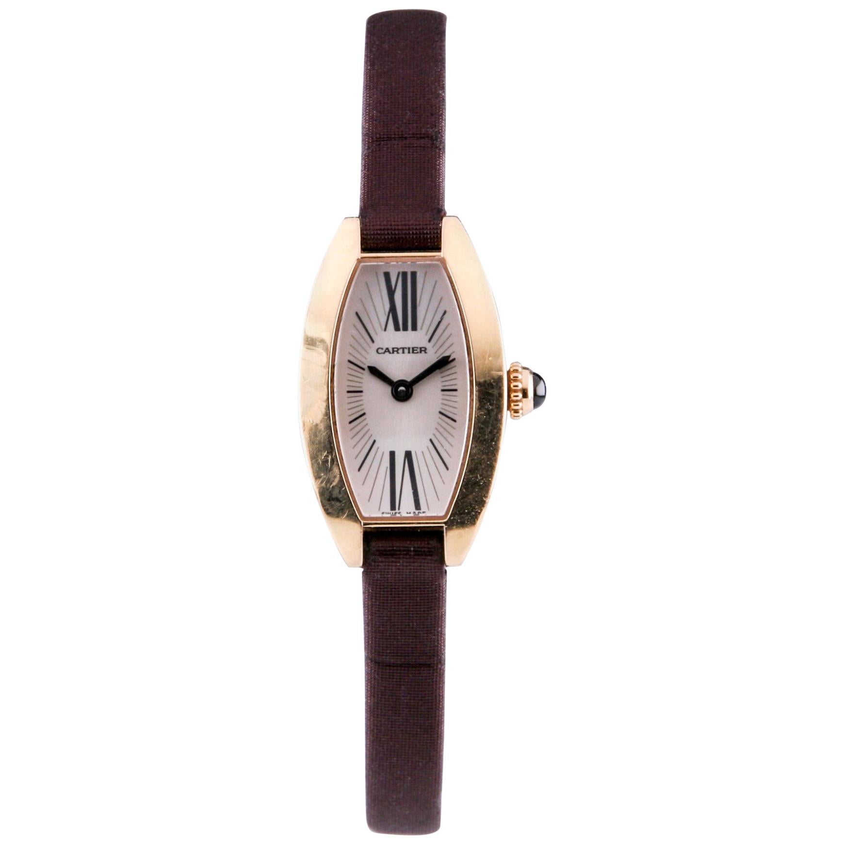 Cartier Mini Tonneau Lanieres 2592 18 Karat Gold Quartz Watch with Original Band For Sale