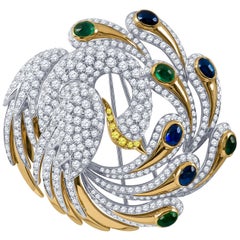 Ambrosi Peacock Brooch, 13.02 Carat Diamonds, 3.14 Emeralds, 4.43 Sapphires