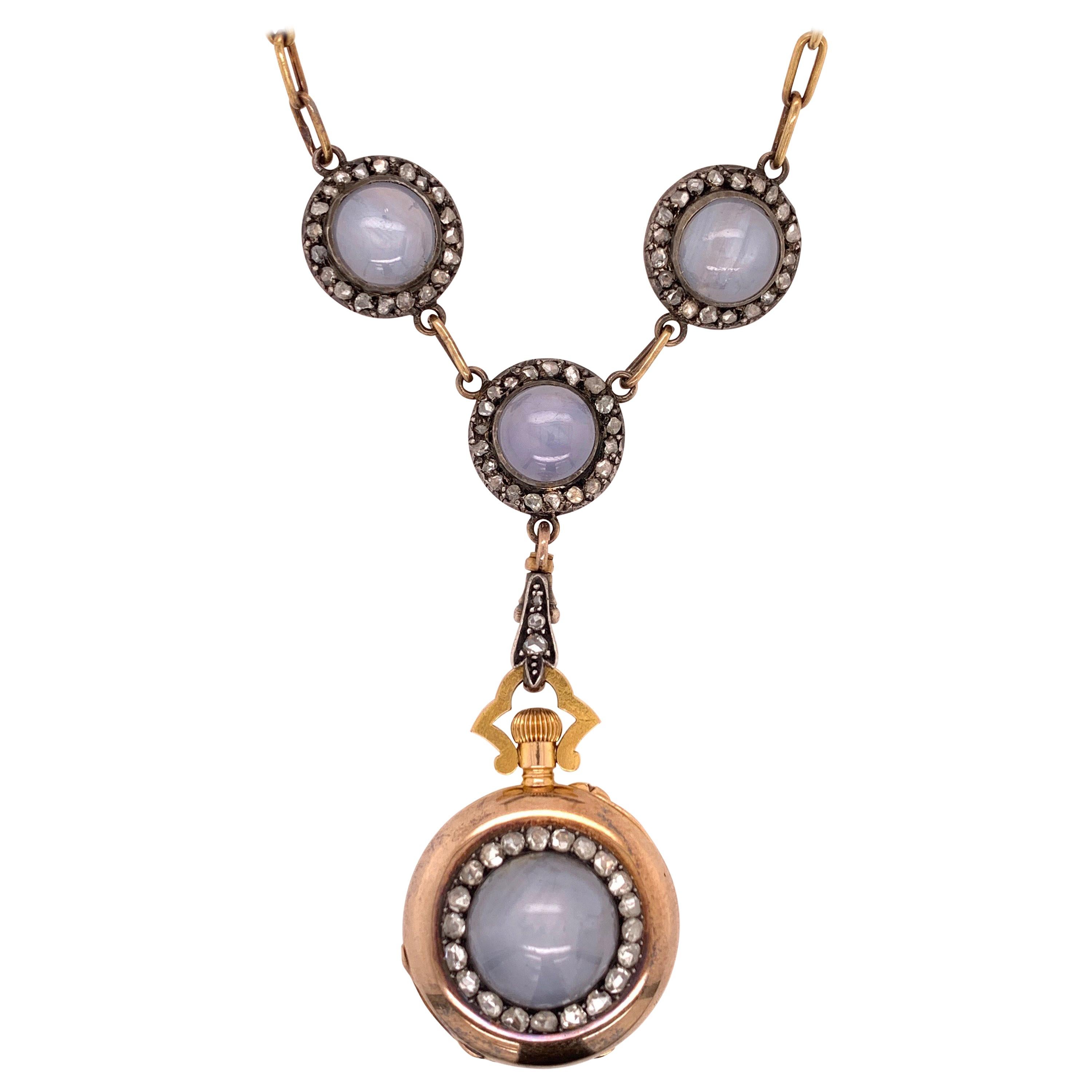 Original Boucheron Star Sapphire and Diamond Gold Necklace circa 1900 with Clock