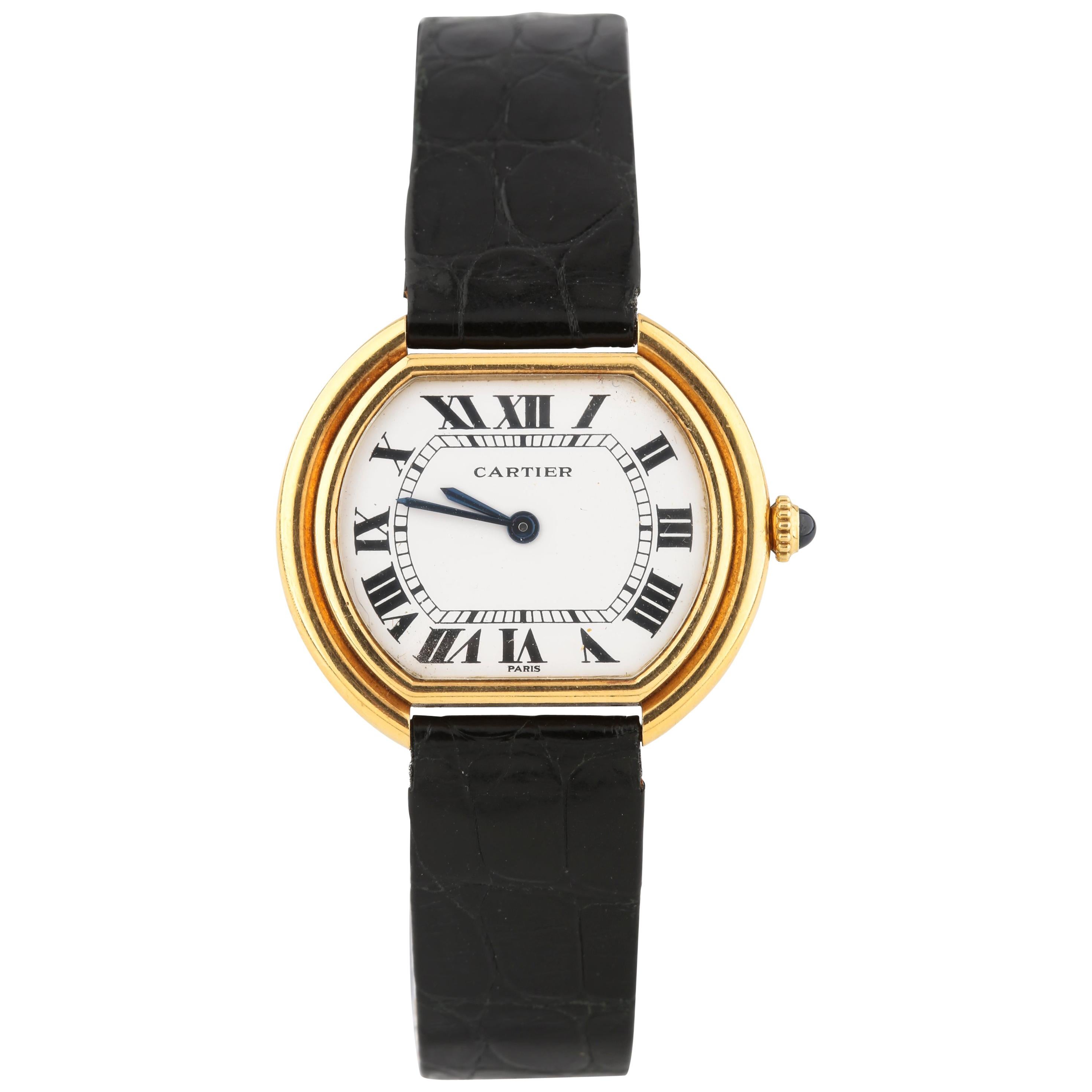 Cartier Ellipse 18 Karat Yellow Gold Women's Wristwatch with Leather Band
