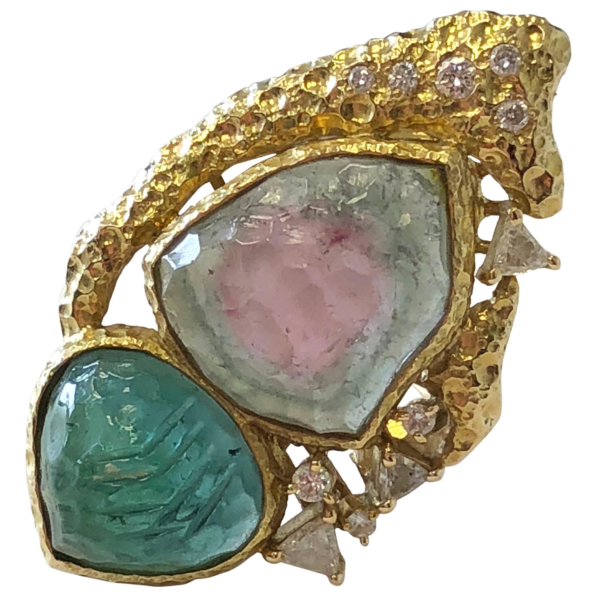 Estate Carved Watermelon Tourmaline, Carved Emerald and Diamond Trillion Ring