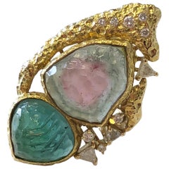 Vintage Estate Carved Watermelon Tourmaline, Carved Emerald and Diamond Trillion Ring