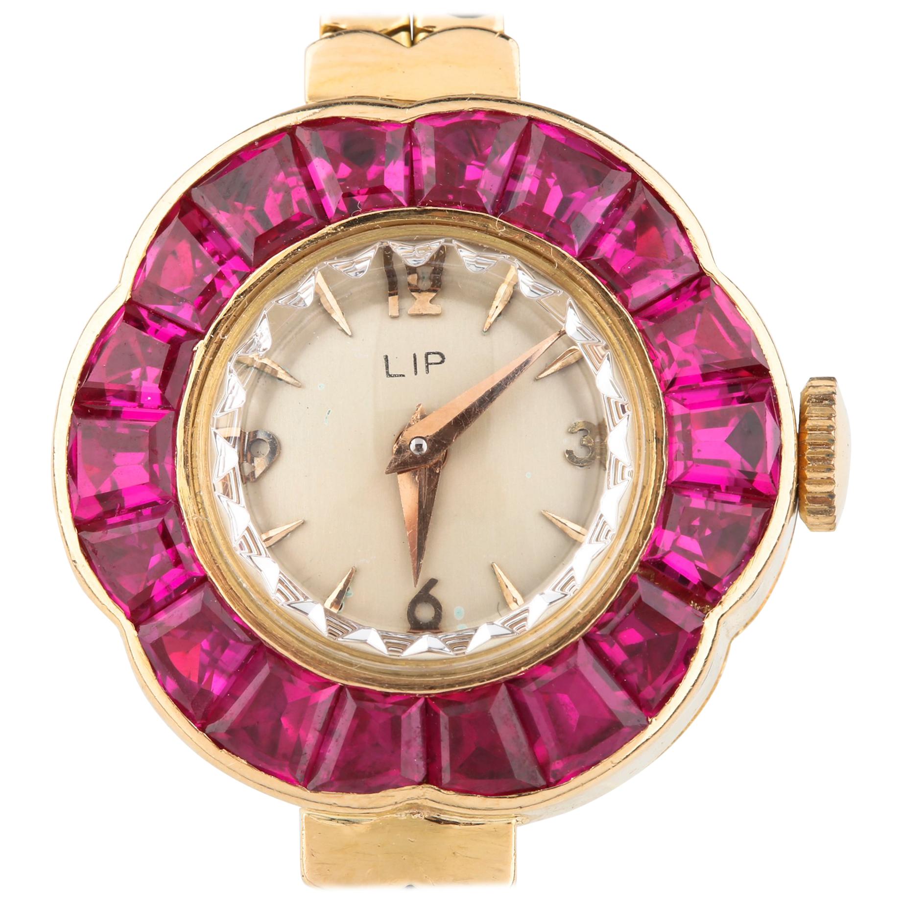 LIP Ruby Bezel Hand-Winding 18 Karat Yellow Gold Women's Watch with Gold Band For Sale
