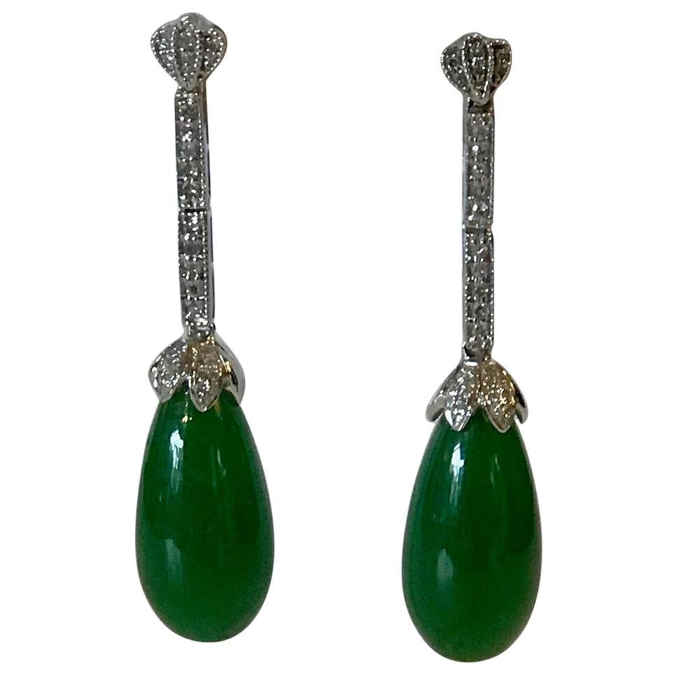 Diamond and Jadeite Pendaloque Shaped Drop Earrings For Sale