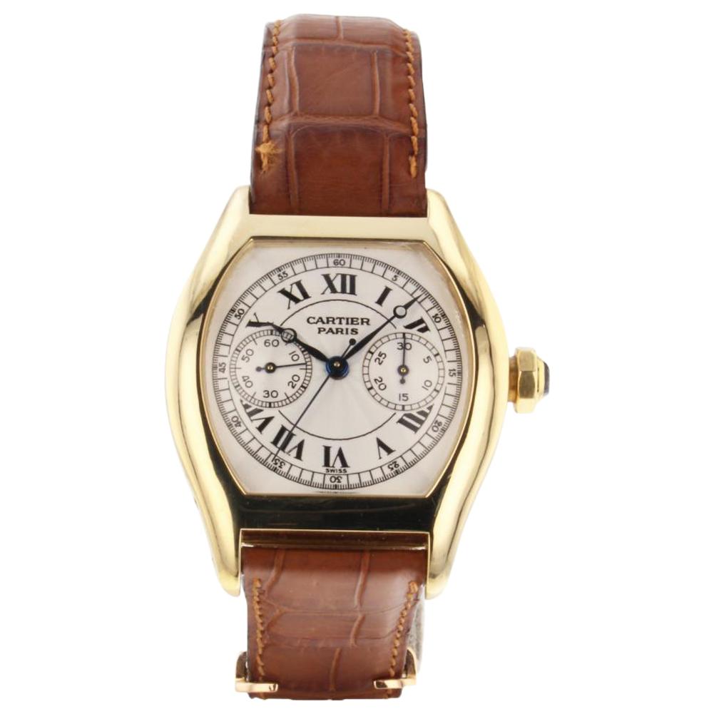 Cartier Tortue 18 Karat Yellow Gold Automatic Brown Leather Watch 2656B For Sale