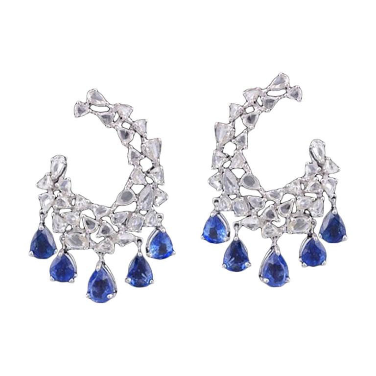 Set in 18 Karat White Gold, Natural Blue Sapphire and Rose Cut Diamond Earrings