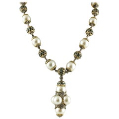 Emeralds Australian Pearls Diamonds Rose Gold and Silver Necklace