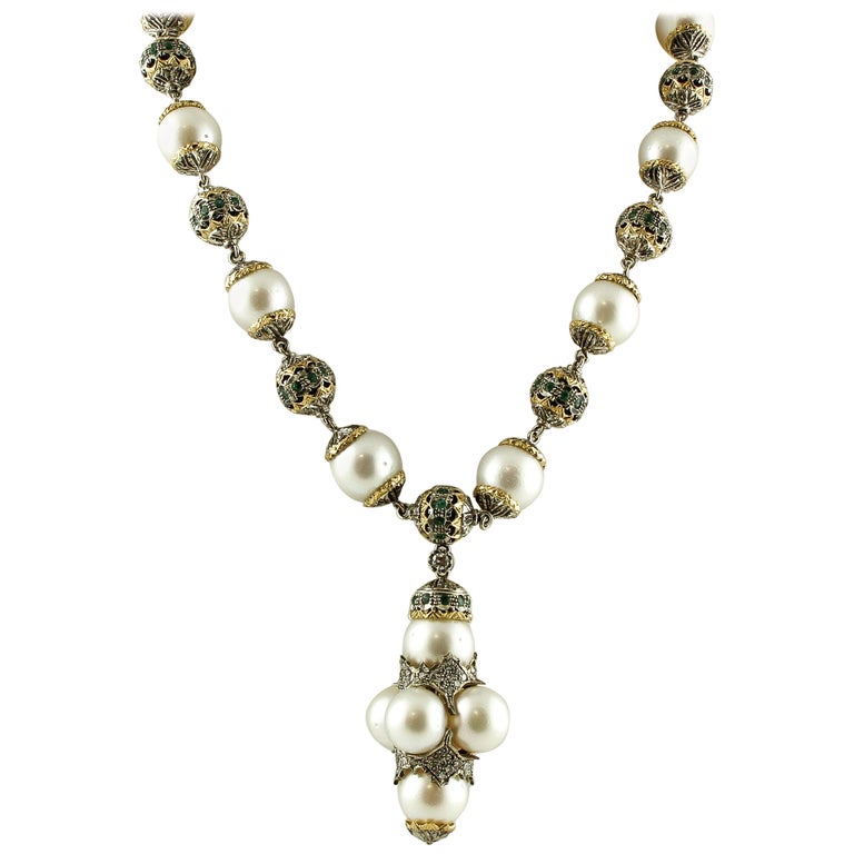 Emeralds Australian Pearls Diamonds Rose Gold and Silver Necklace For