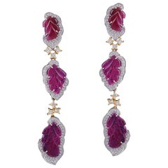 Set in 18 Karat Gold, Natural Carved Ruby and Diamond Chandelier Earrings