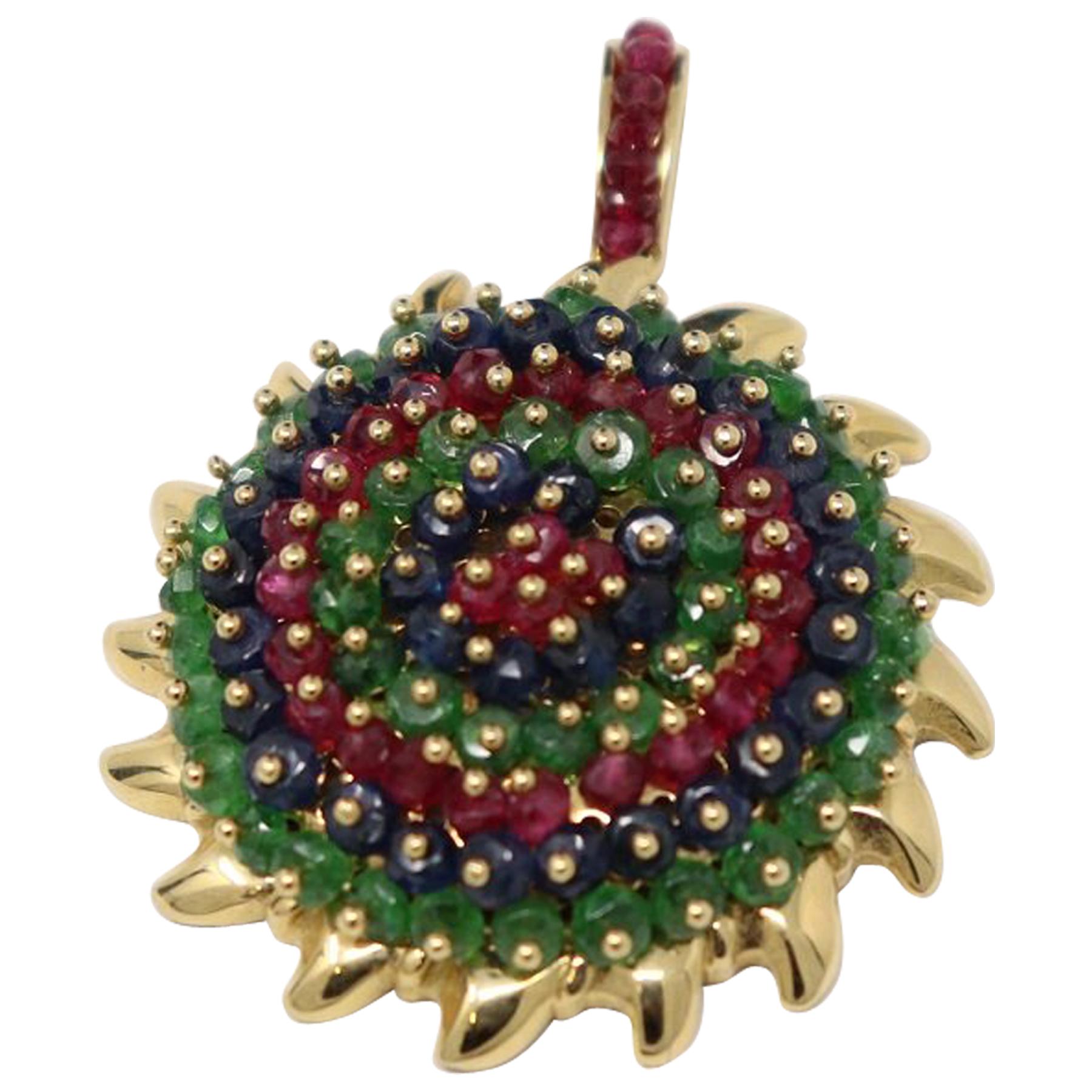 Ruby Emerald and Sapphire Pendant in Yellow Gold For Sale