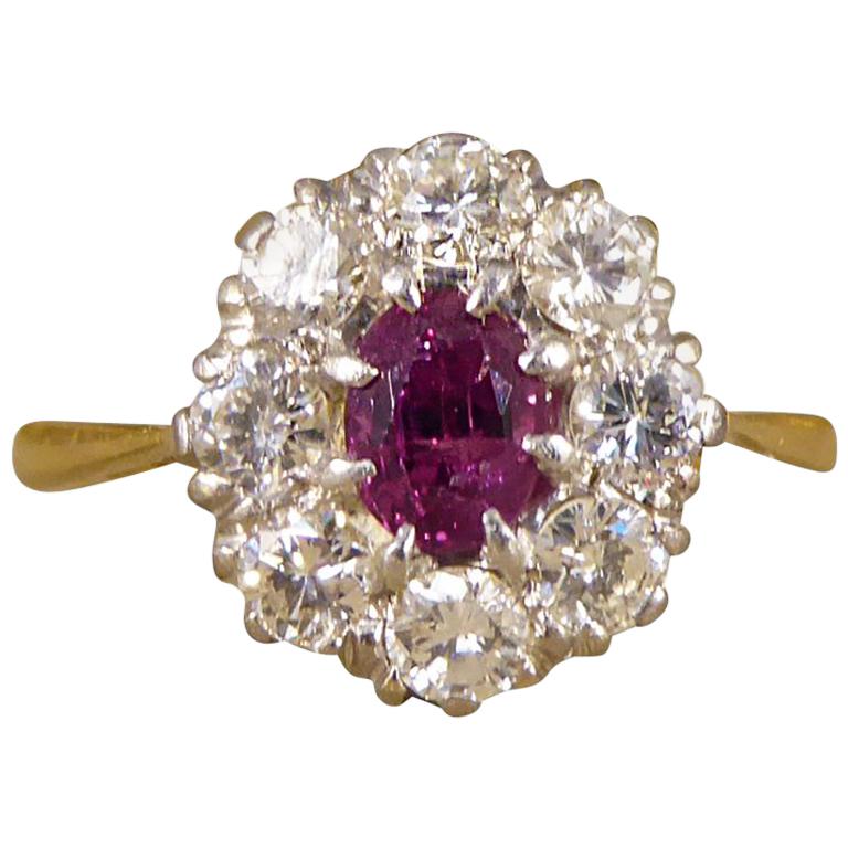 1940s Ruby Diamond Cluster Ring in 18 Carat Gold
