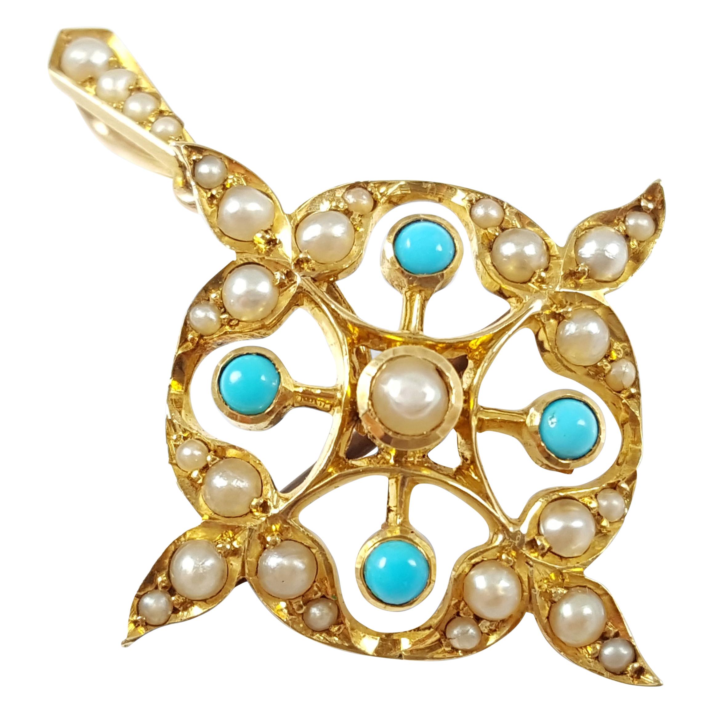 Edwardian 15 Karat Gold Turquoise Cabochon and Seed Pearl Pendant Brooch