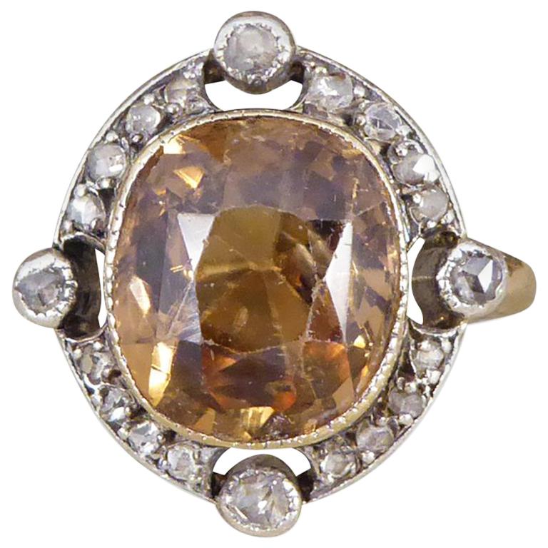 Antique Victorian Brown Zircon and Rose Cut Diamond Gold and Silver Ring