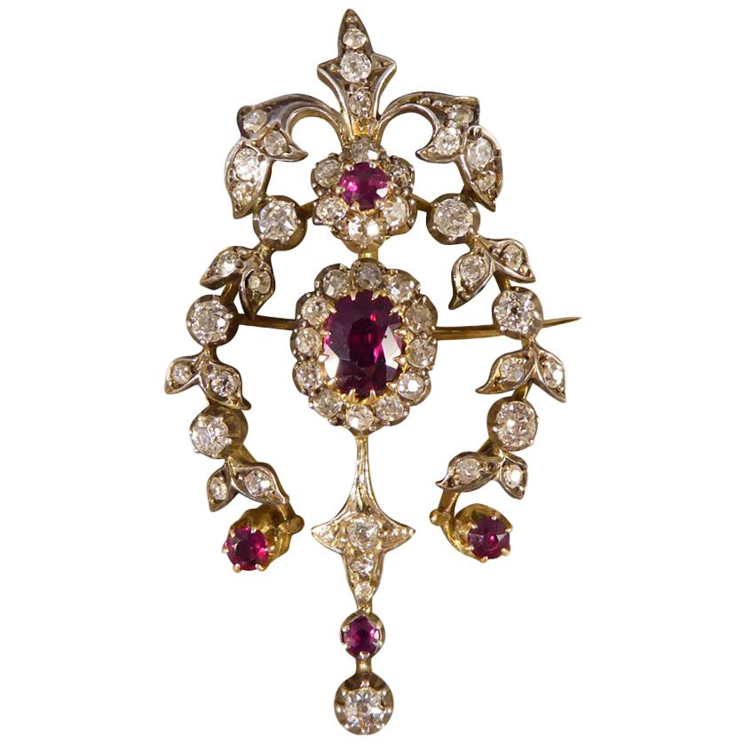 Antique Late Victorian Ruby and Diamond Brooch Pendant in Gold and Silver
