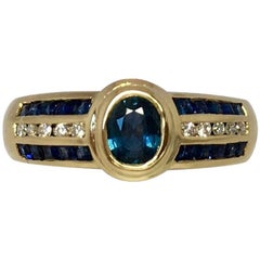 Vintage 18k Blue Sapphire & Diamond Designer Ring 1 Carat Yellow Gold Rubover Bezel Set