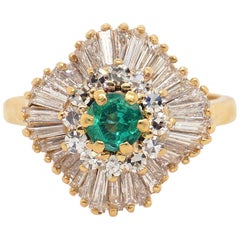 18 Karat White Gold Diamond and Emerald Vintage Ballerina Ring