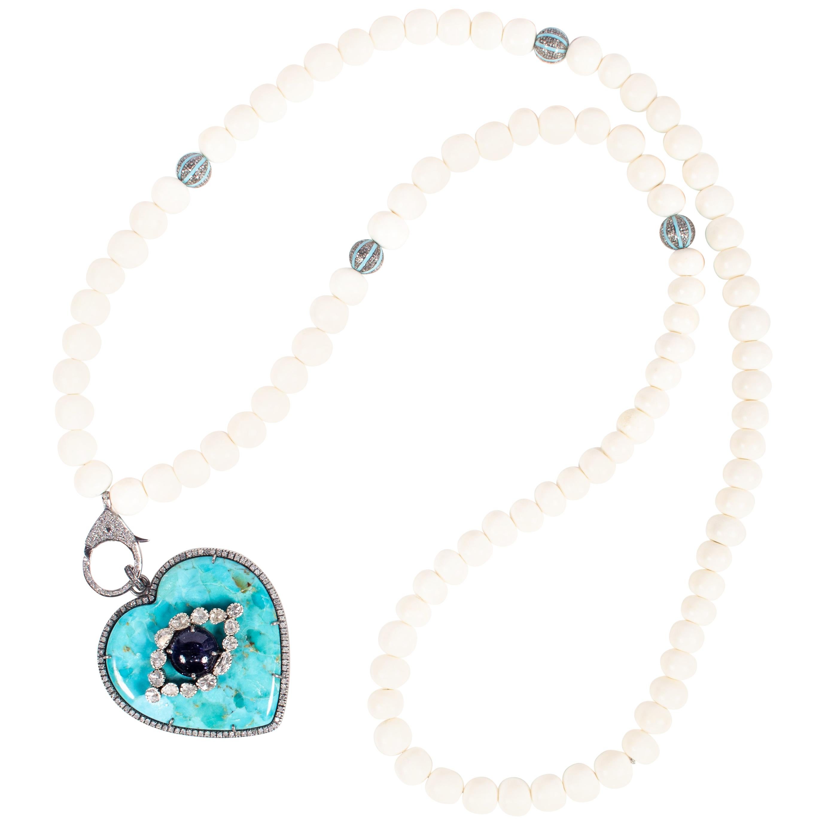 Clarissa Bronfman Turquoise, Diamond, Bone, Sapphire Diamond Heart Necklace