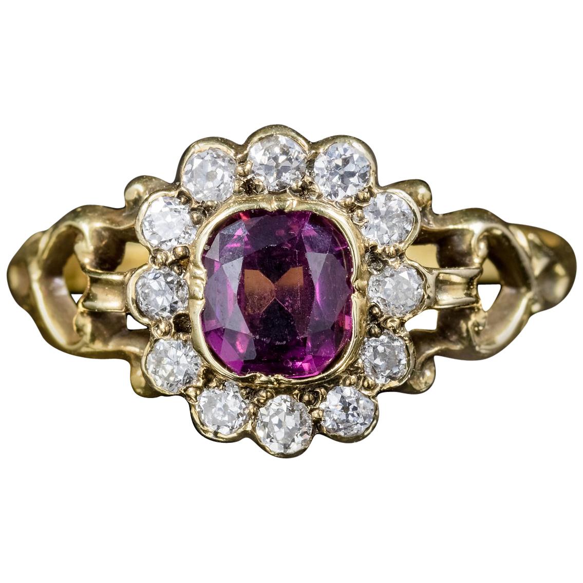 Antique French Victorian Amethyst Diamond Cluster Ring 18 Carat Gold, circa 1860