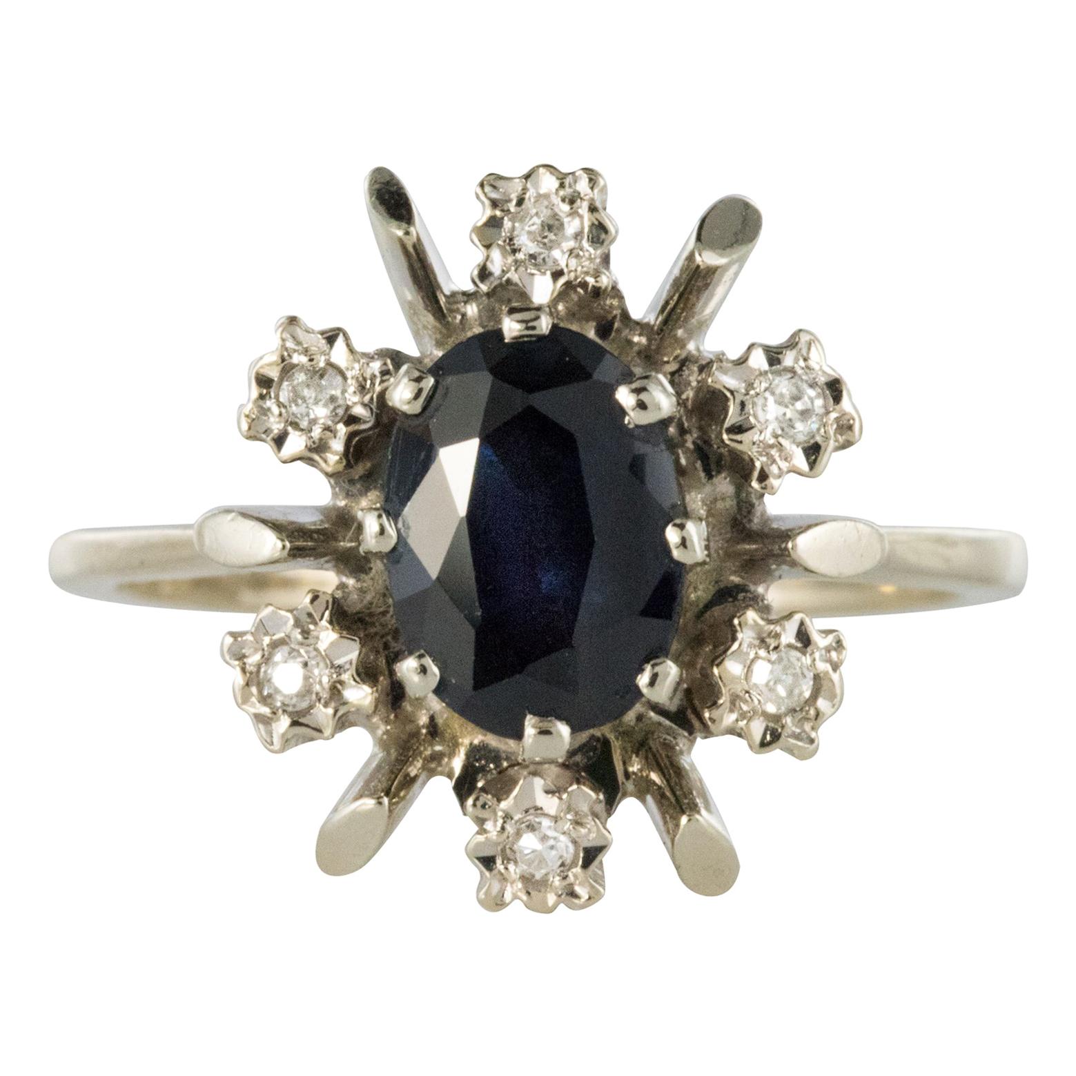 French 1970s Sapphire Diamonds White Gold Ring