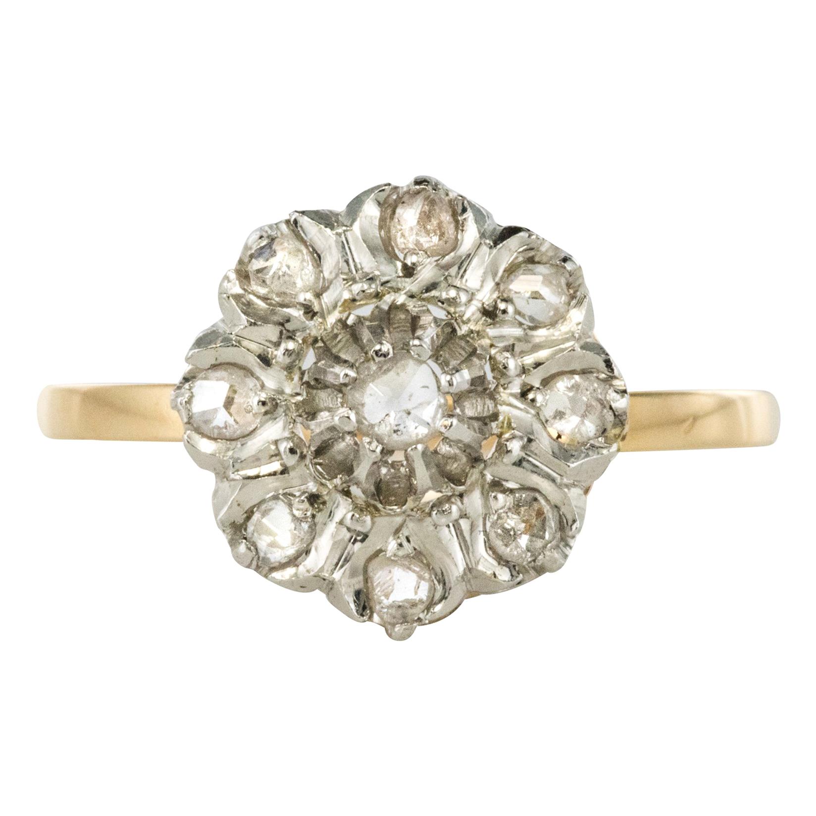 French 19th Century Rose-Cut Diamonds Yellow Gold Cluster Daisy Ring