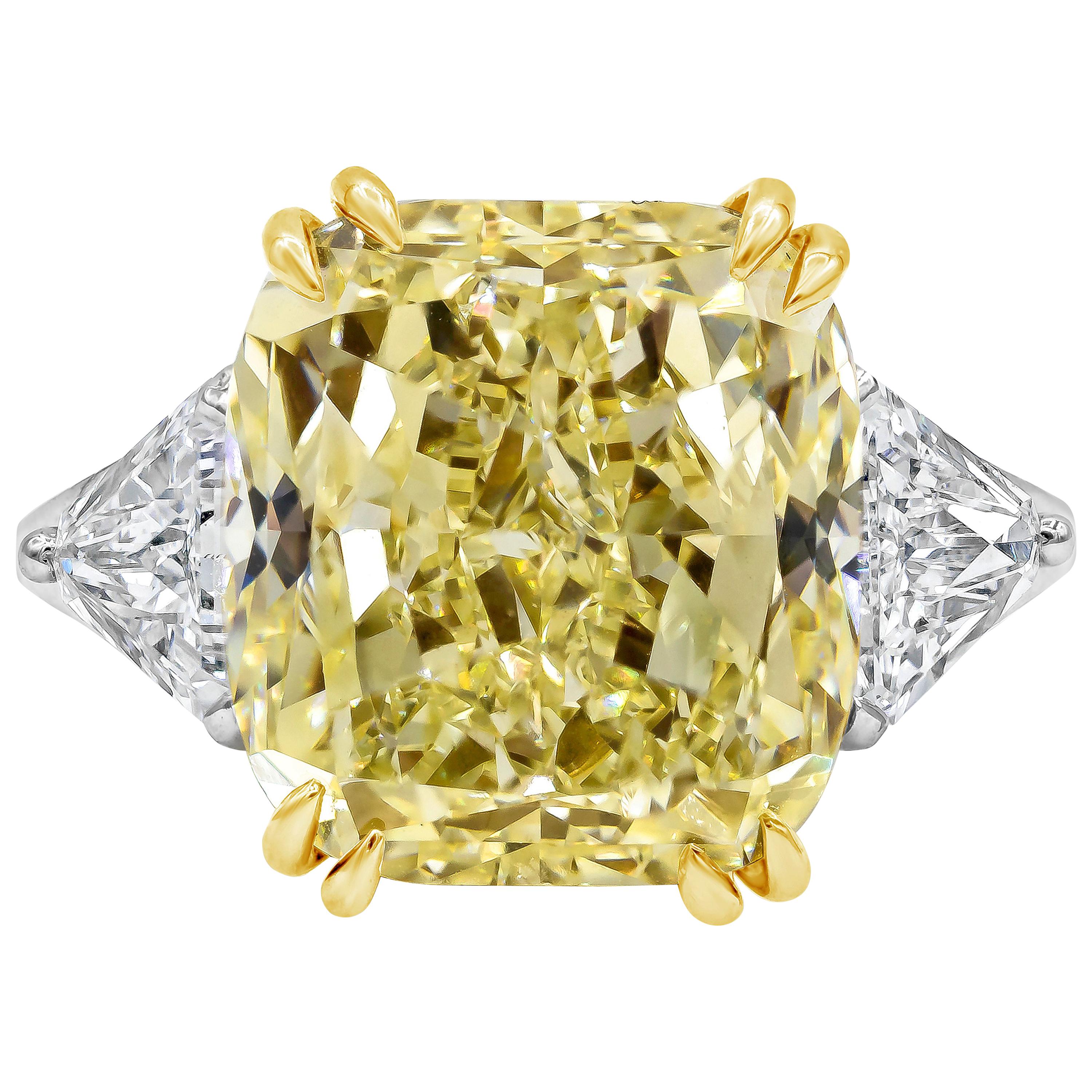GIA Certified 12.15 Carat Cushion Cut Fancy Light Yellow Diamond Engagement Ring For Sale
