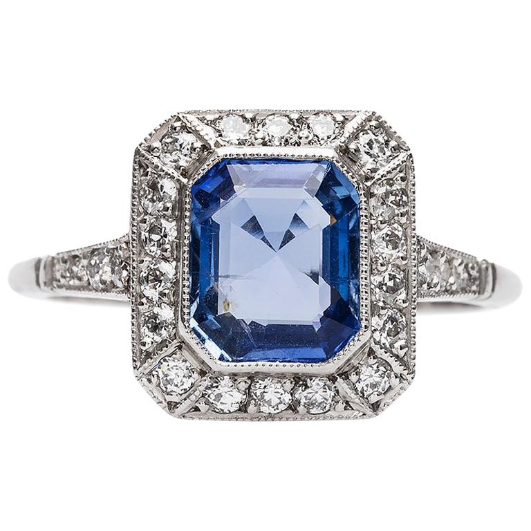 Art Deco Inspired 1.65 Carat Sapphire Diamond Platinum Ring
