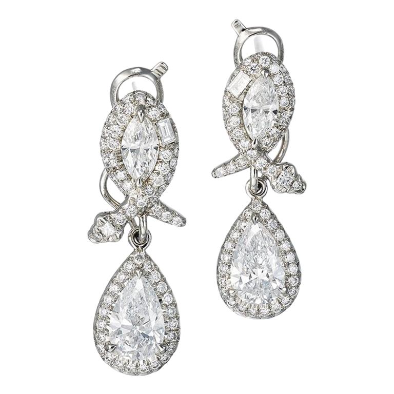 PlatinumWhite Diamonds 3.69 Carat  Aenea Drop Dangle Earrings 