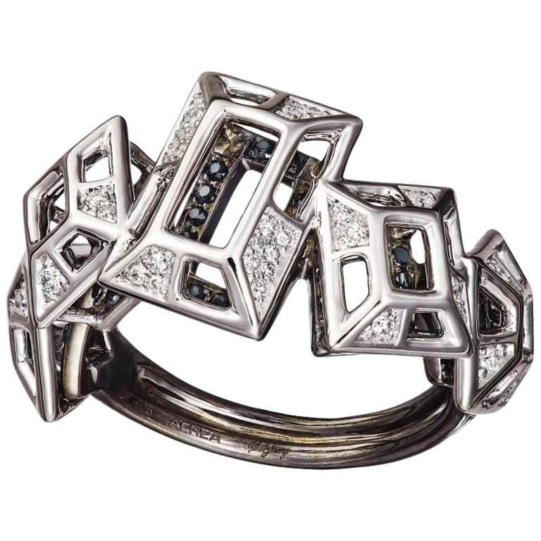 18 Karat Pink Gold Rhodium Silver White and Black Diamonds Black Spinel Ring For Sale