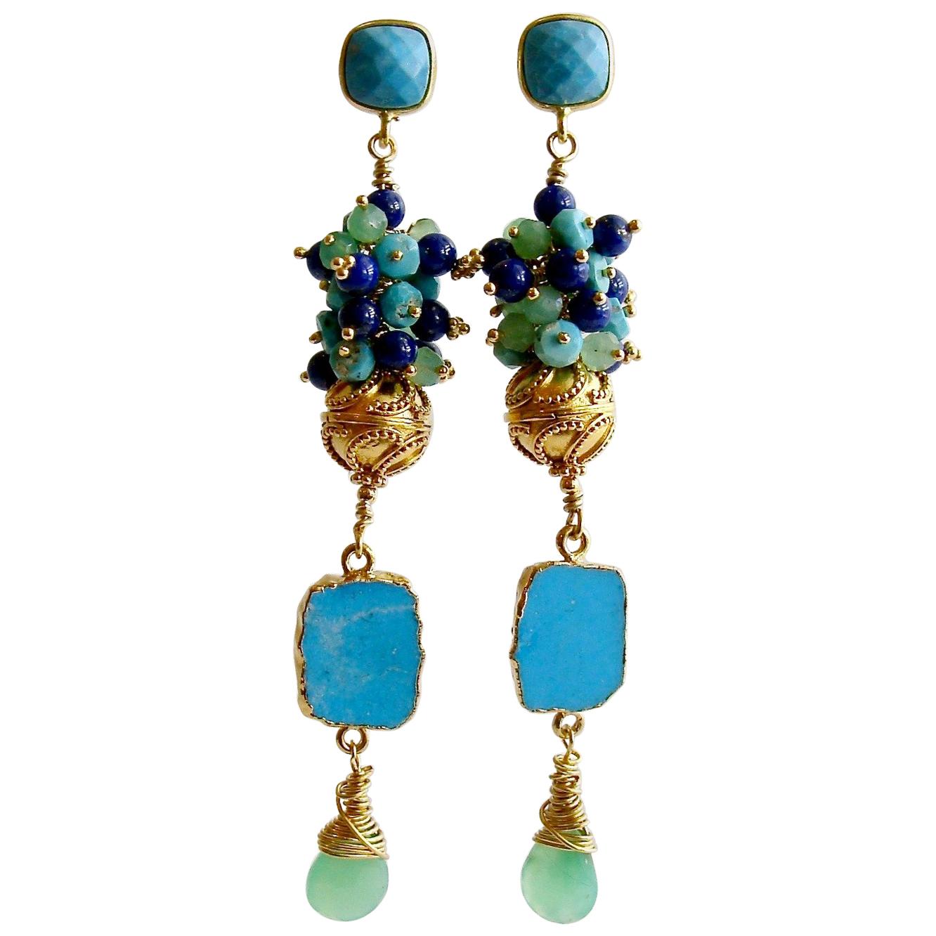 Sleeping Beauty Turquoise Chrysoprase Lapis Cluster Earrings, Morgaine Duster E