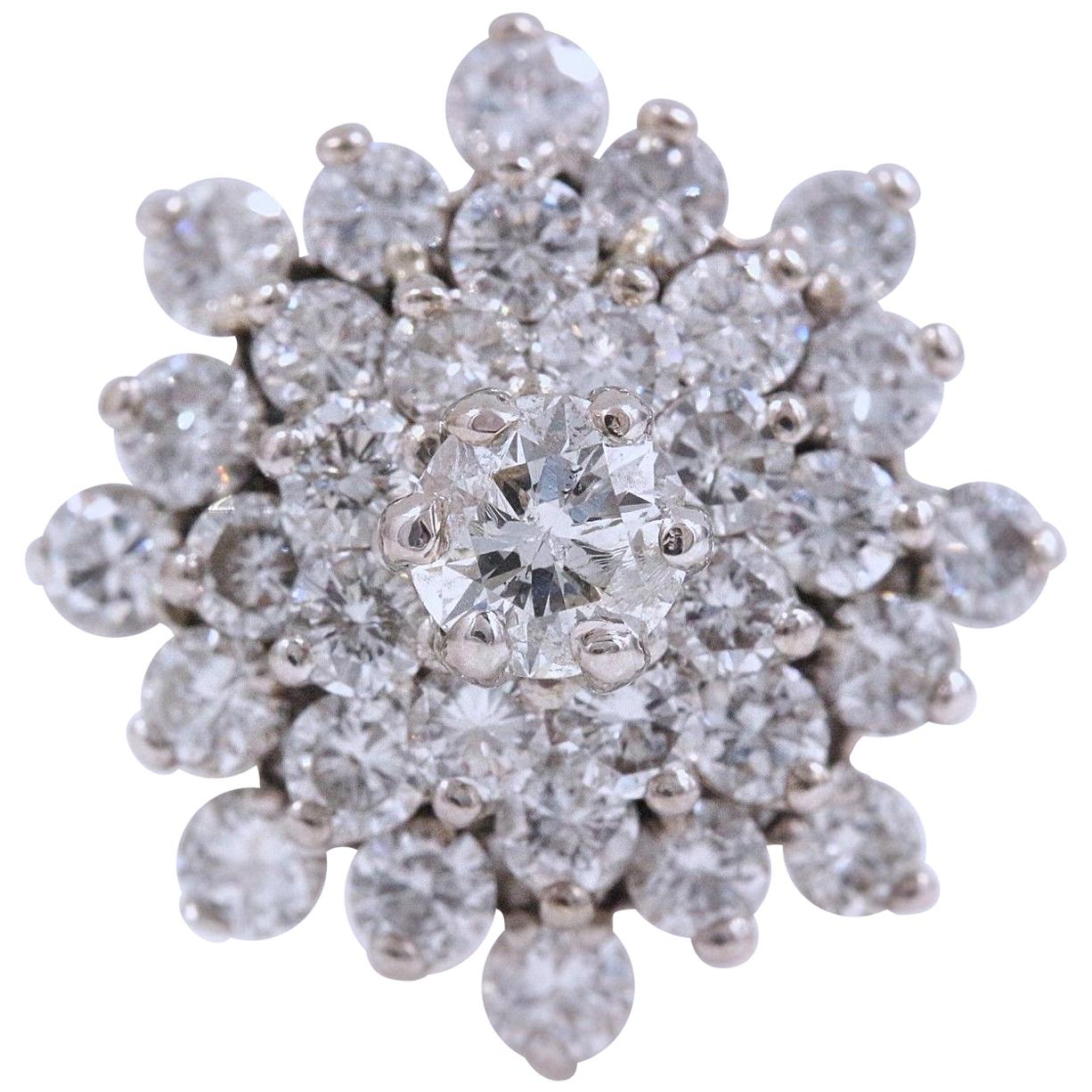Diamond Cocktail Flower Cluster Ring 14 Karat White Gold 3.38 Carat