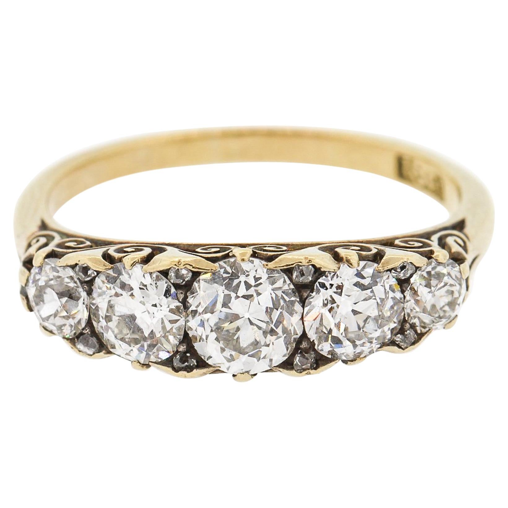 Antique Victorian Old European Cut Diamond 18 Karat Gold Five-Stone Ring