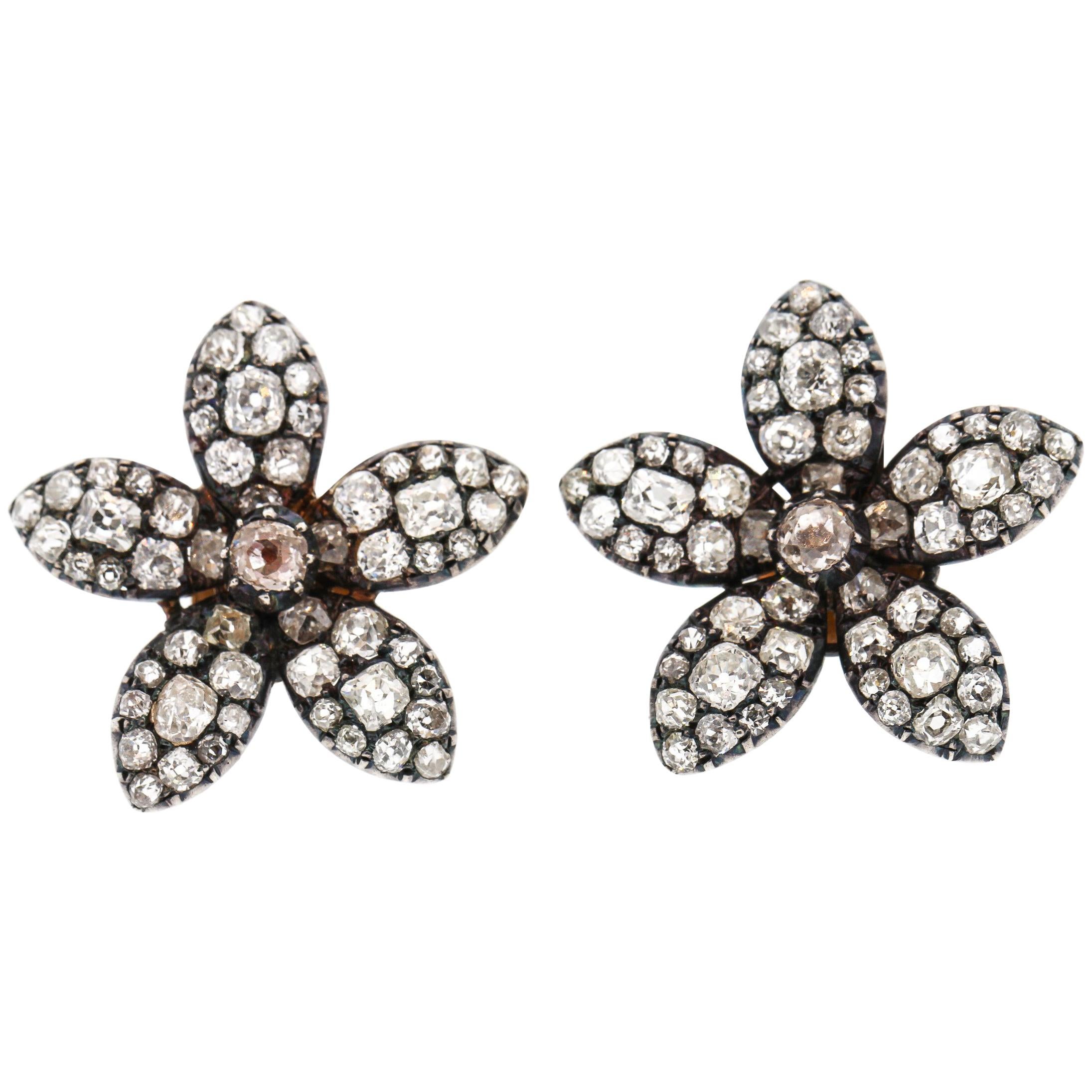 Antique 19th Century Old Mine Cut Diamond Flower Earrings