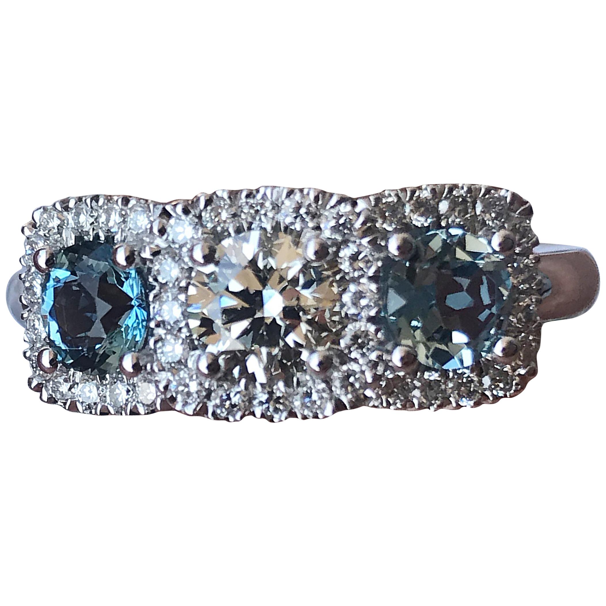 1.40 Carat tw apprx Three Stone Diamond and Aquamarine 14k w Ring, Ben Dannie For Sale