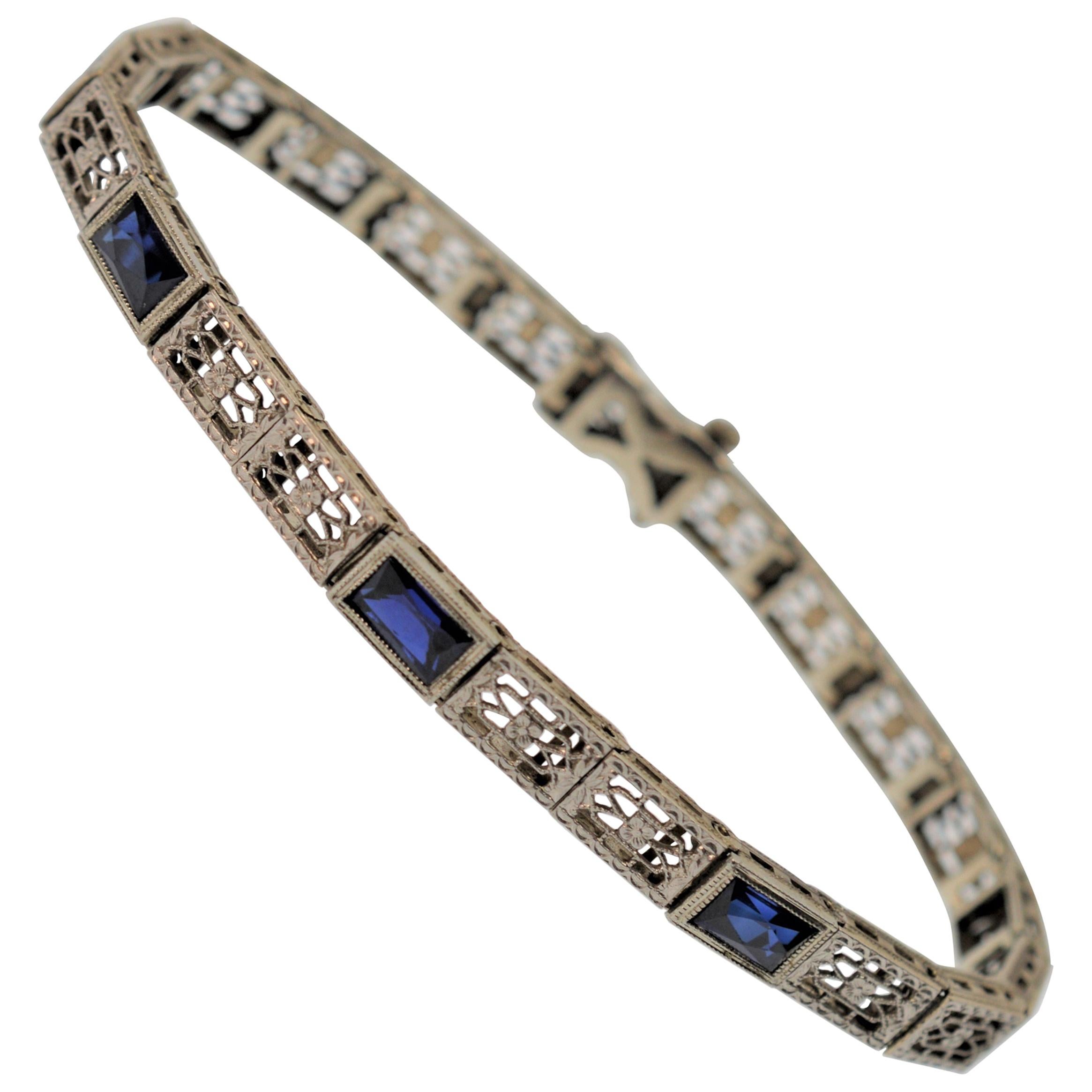 14K White Gold Antique Filigree & Blue Sapphire Bracelet