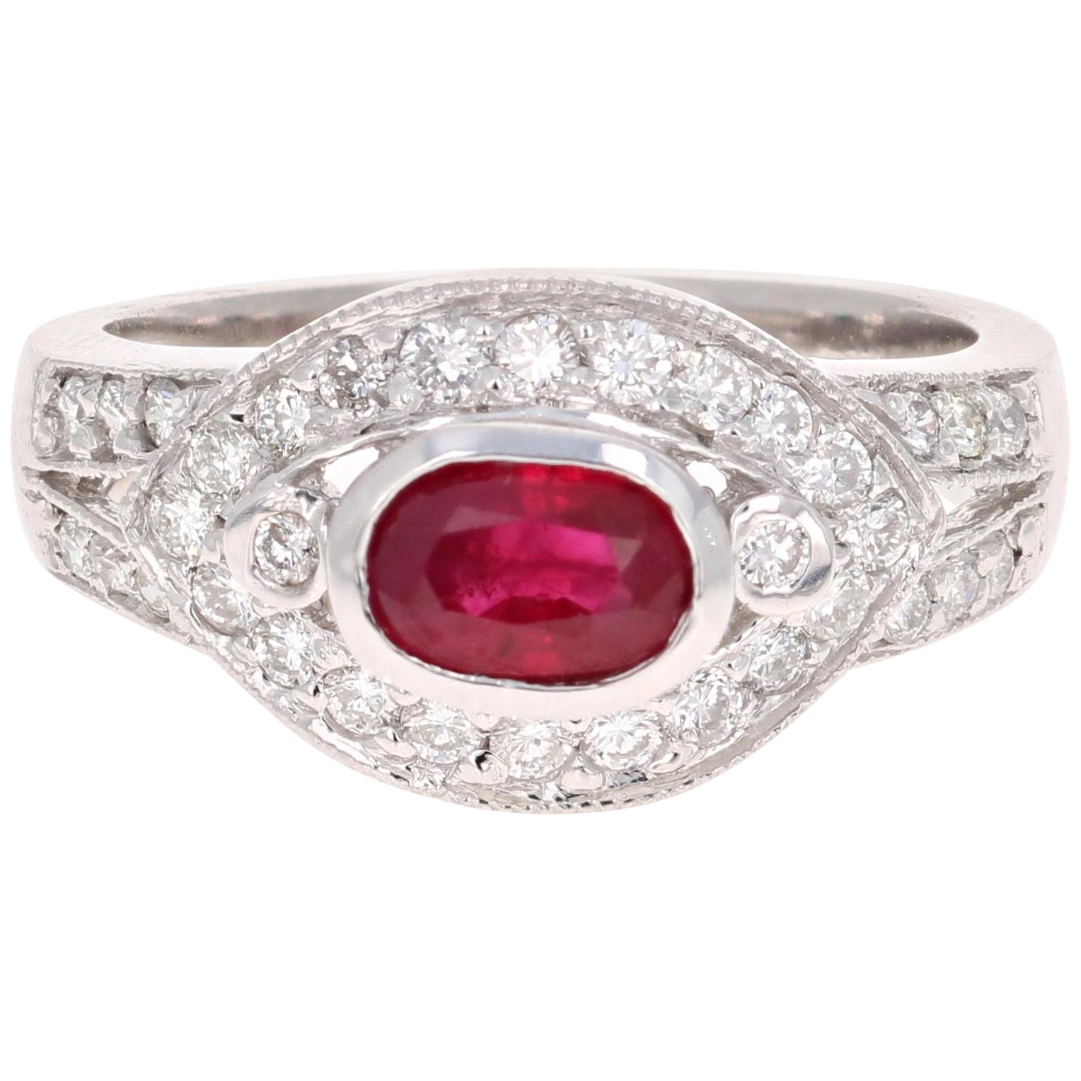 1,51 quilates diamante rubí birmano de corte ovalado Anillo de oro blanco de 14 quilates Cóctel