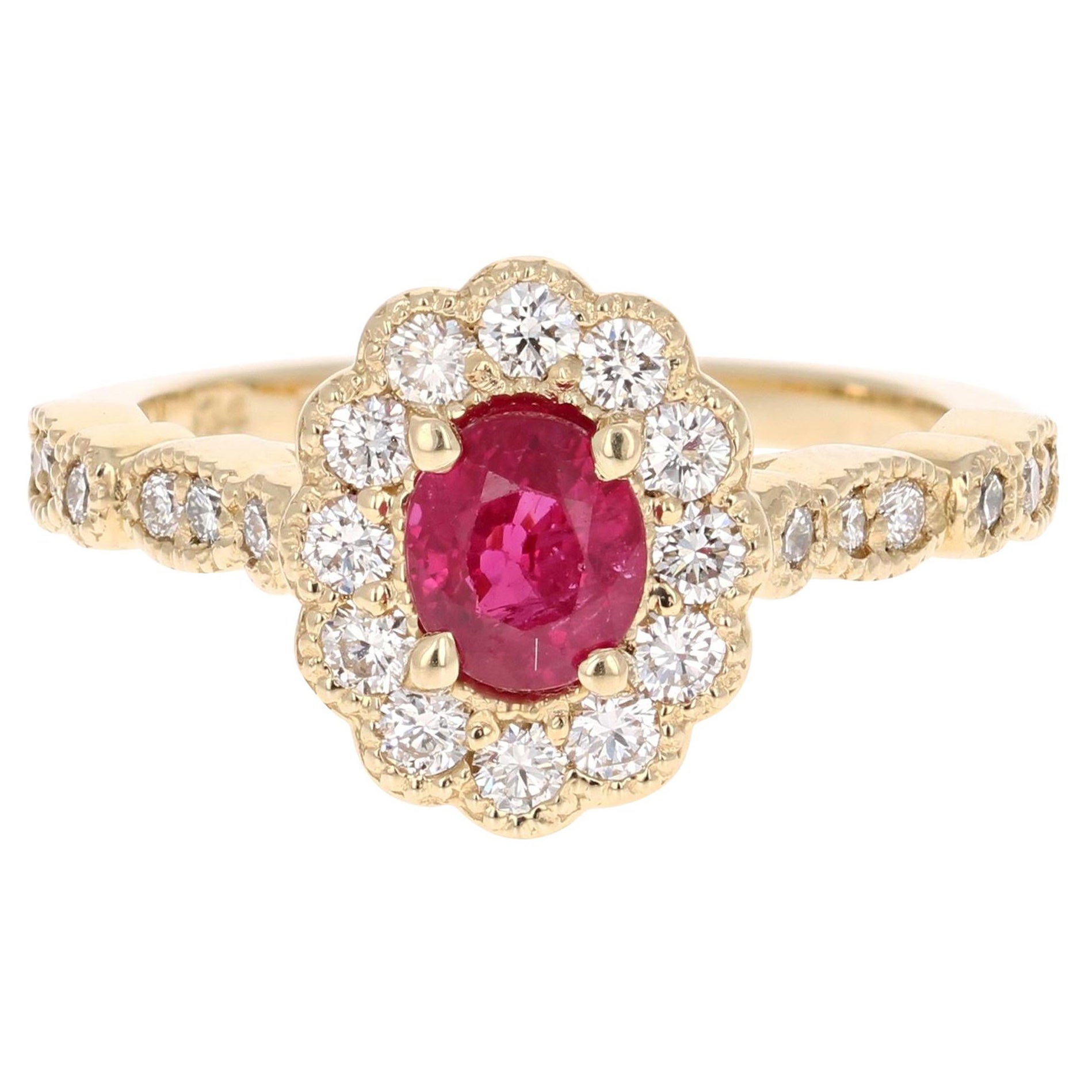 1.60 Carat Oval Cut Burmese Ruby Diamond 14 Karat Yellow Gold Bridal Ring For Sale